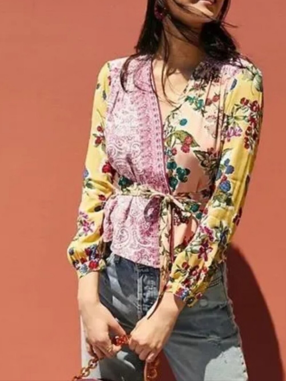 Anthropologie Meadow Rue Floral Wrap Top in Yellow & Pink